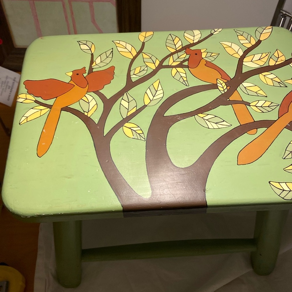 Small Hand Painted  Step Stool - Green with Birds - Vintage